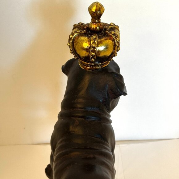 American English French Pug Dog with Golden Crown 9" Tall Dark Brown Resin Figur - Picture 10 of 15